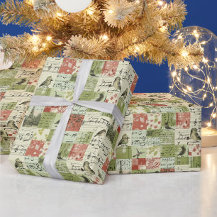 Red & Green Patchwork Pattern W/Birds & Music Note Wrapping Paper