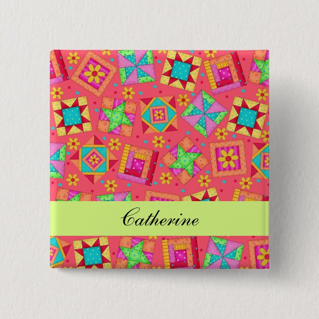 Red Green Patchwork Quilt Blocks Name Badge (Front)