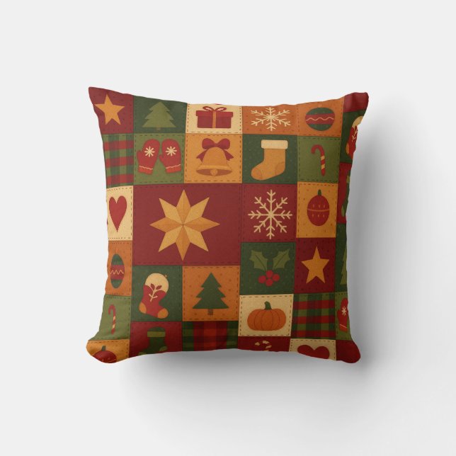 Red Green Patchwork Quilt Rustic Farmhouse  Cushion (Front)