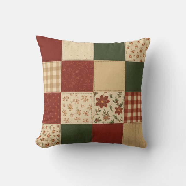 Red Green Patchwork Quilt Rustic Farmhouse  Cushion (Front)