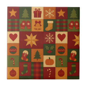 Red Green Patchwork Quilt Rustic Farmhouse Floral Ceramic Tile