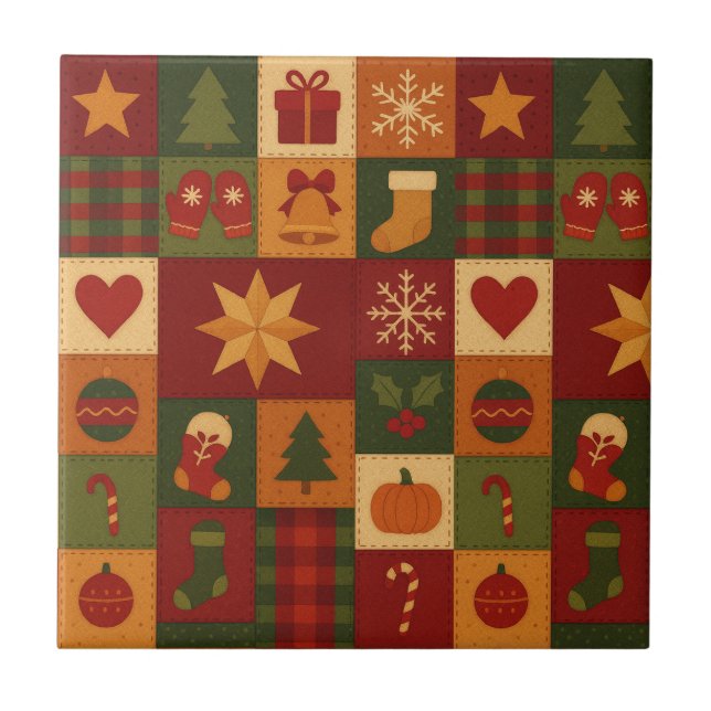 Red Green Patchwork Quilt Rustic Farmhouse Floral Ceramic Tile (Front)