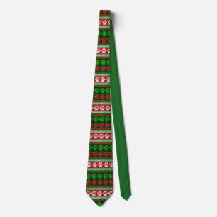 Red green paw print pattern holiday necktie