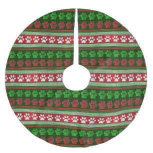 Red green paw print pattern holiday tree skirt