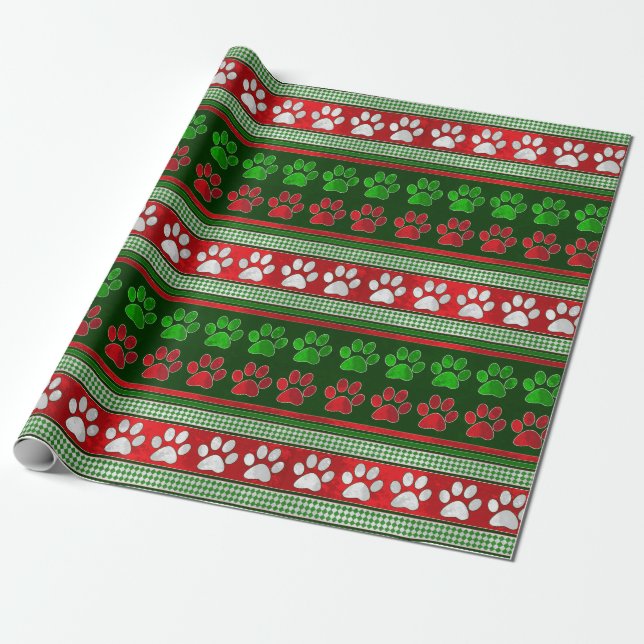 Red green paw print pattern wrapping paper (Unrolled)