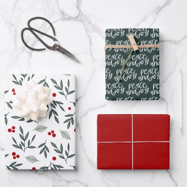 Red Green Peace and Joy Winter Holiday Wrapping Pa Paper Sheet (Front)