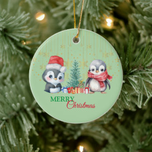 Red Green Penguin Santa Merry Christmas Party Ceramic Ornament