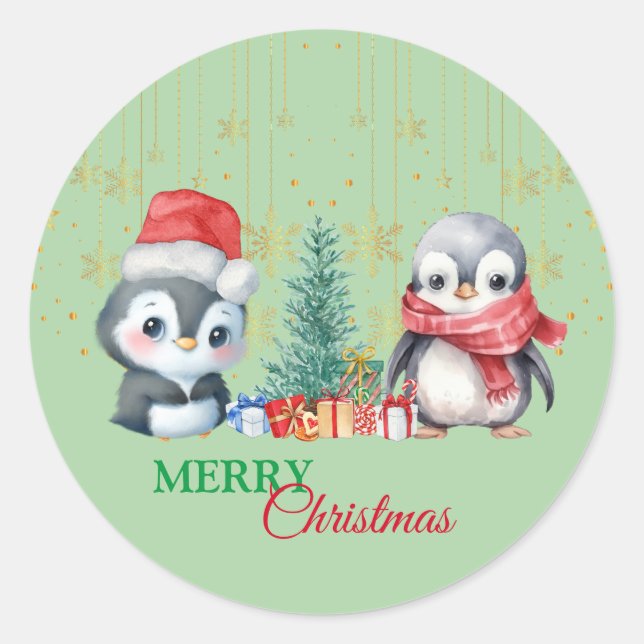 Red Green Penguin Santa Merry Christmas Party Classic Round Sticker (Front)