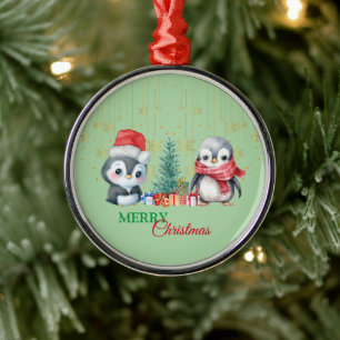 Red Green Penguin Santa Merry Christmas Party Metal Ornament