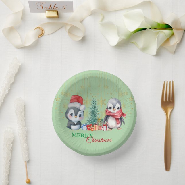 Red Green Penguin Santa Merry Christmas Party Paper Plate (Wedding)