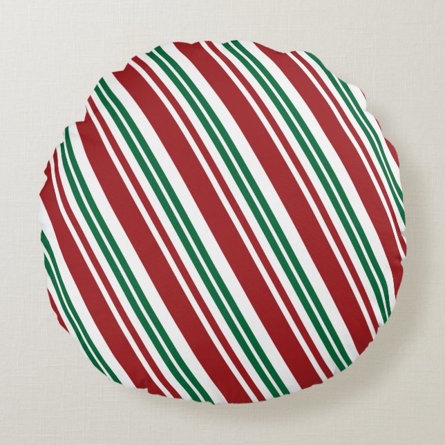 Red & Green Peppermint Stripe Round Cushion (Front)