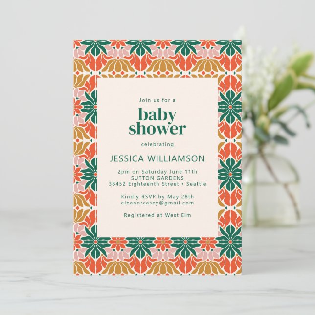 Red Green Pink Christmas Botanical Baby Shower Invitation (Standing Front)