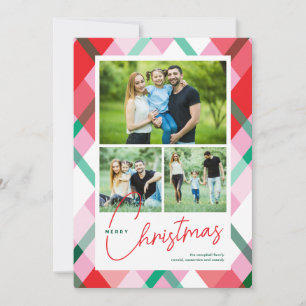 Red Green Pink Christmas Plaid 3 Photo Holiday Card