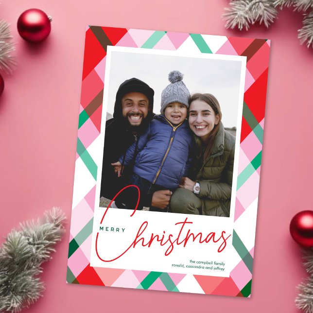 Red Green Pink Christmas Plaid Photo Card (Creator Uploaded)
