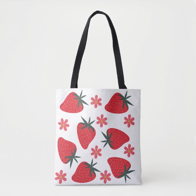 Red Green Pink Simple Strawberries Tote Bag (Front)