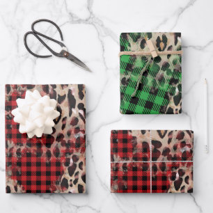 Red & Green Plaid and Cheetah Funky Christmas  Wrapping Paper Sheet