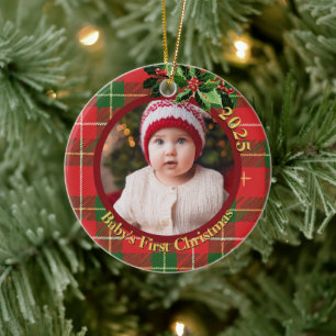 Red Green Plaid Baby's First Christmas Photo Ceramic Ornament