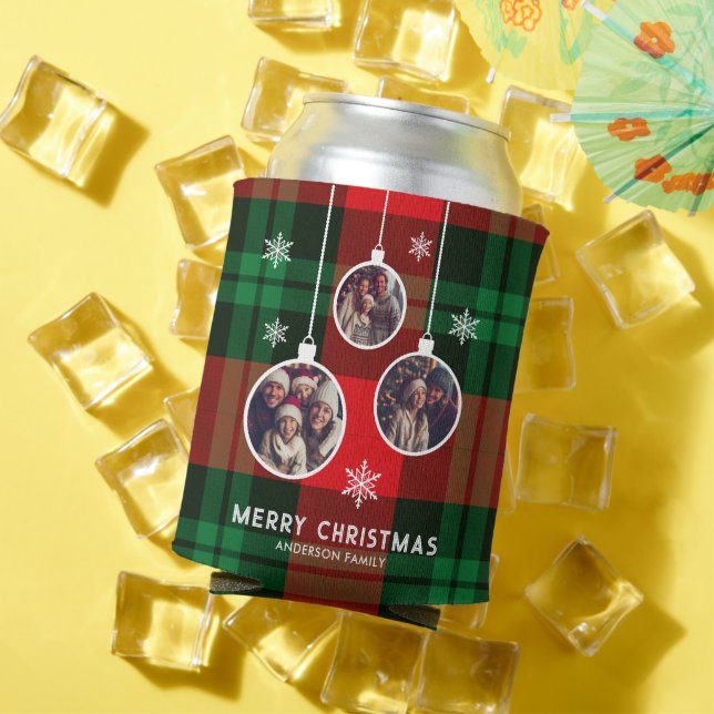 Red Green Plaid Buffalo Check Photo Christmas  Can Cooler (In Situ Summer)