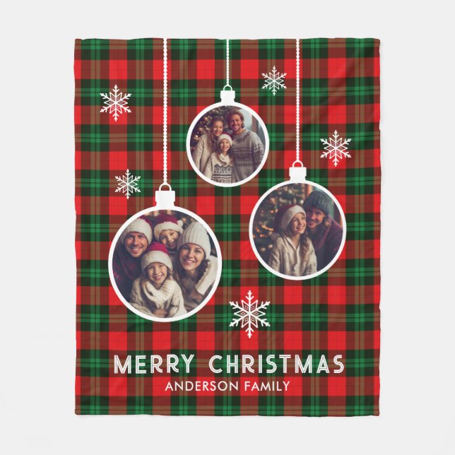 Red Green Plaid Buffalo Check Photo Christmas  Fleece Blanket (Front)
