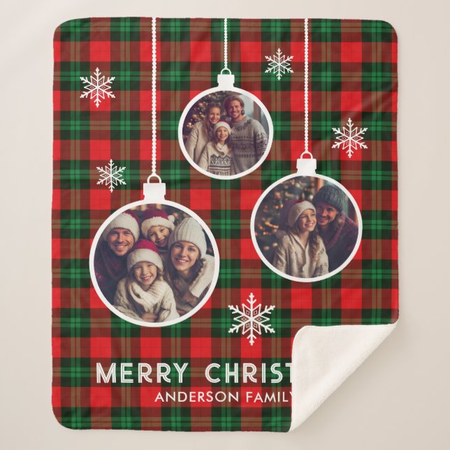 Red Green Plaid Buffalo Check Photo Christmas  Sherpa Blanket (Front)