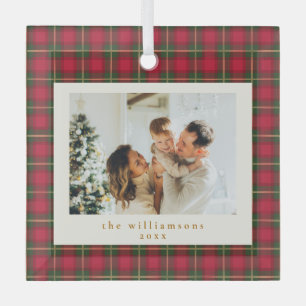 Red Green Plaid Christmas Family Photo Keepsake Glass Tree Decoration