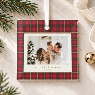 Red Green Plaid Christmas Family Photo Keepsake Glass Tree Decoration