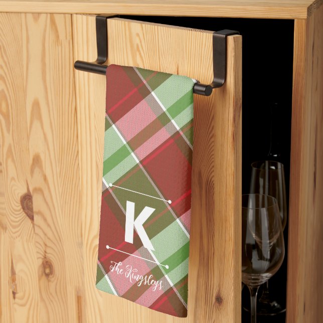 Red Green Plaid Christmas Personalised Monogram Tea Towel (Thirds Fold)