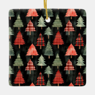 Red & Green Plaid Christmas Trees on Black  Ceramic Ornament