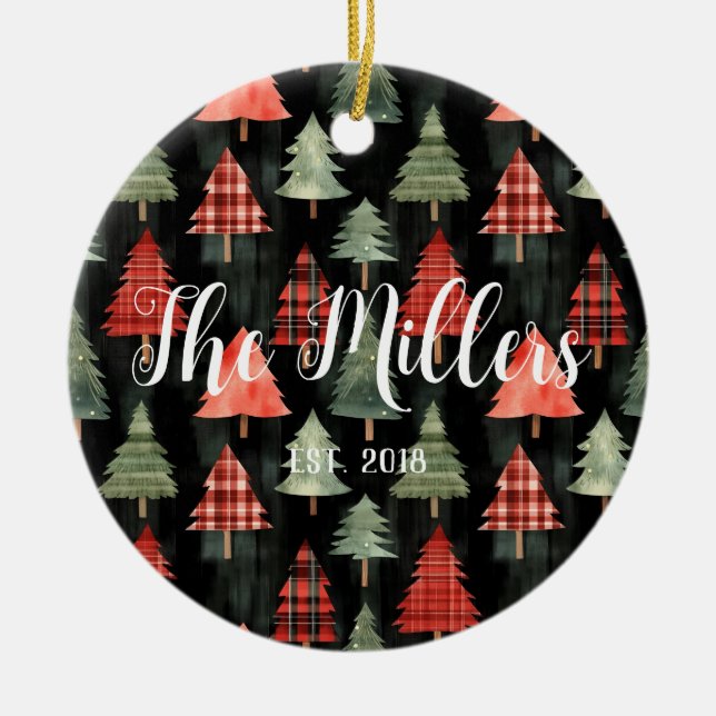 Red & Green Plaid Christmas Trees on Black  Ceramic Ornament (Front)