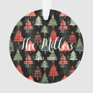 Red & Green Plaid Christmas Trees on Black Ornament