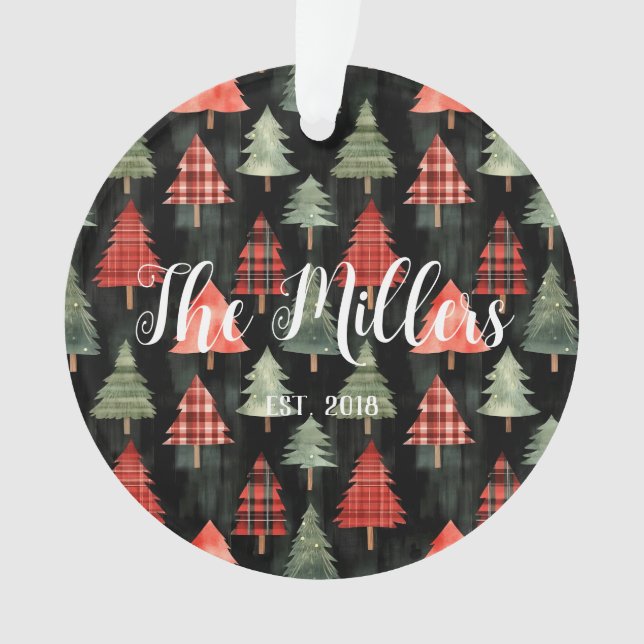 Red & Green Plaid Christmas Trees on Black  Ornament (Front)