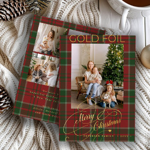 Red green plaid elegant 5 photo Merry Christmas Foil Holiday Card