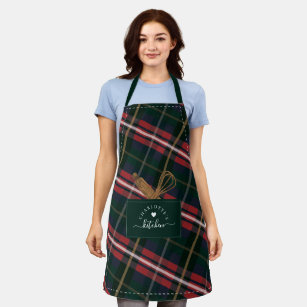 Red Green Plaid Fake Pocket & Wooden Spoon & Whisk Apron