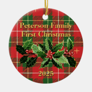 Red Green Plaid Family First Christmas Photo Ceramic Ornament