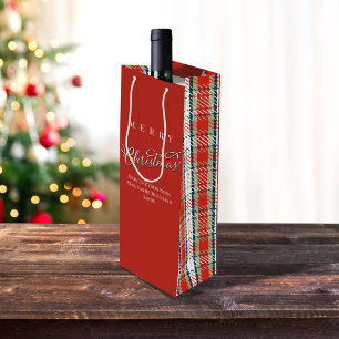 Red Green Plaid Merry Christmas Custom Wine Gift Bag