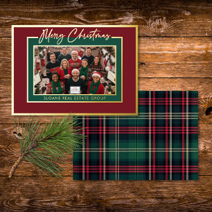 Red Green Plaid Merry Christmas Script Photo Foil Holiday Card