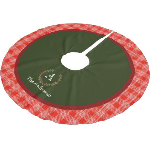 Red Green Plaid Monogram Family Name Brushed Polyester Tree Skirt