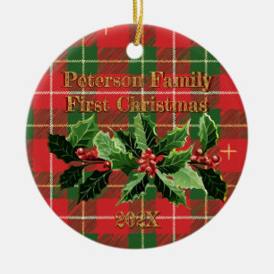 Red Green Plaid n Holly Family First Christmas Ceramic Ornament