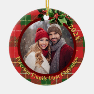 Red Green Plaid Our First Christmas Photo Ceramic Ornament