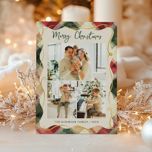 Red Green Plaid Pattern Merry Christmas 3 Photo Holiday Card
