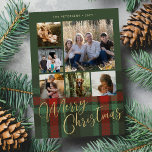 Red green plaid photo collage Merry Christmas  Holiday Card<br><div class="desc">Modern elegant stylish plaid tartan faux gold Merry Christmas script six family photos traditional red forest green holiday card with your custom personalised text on both sides.</div>