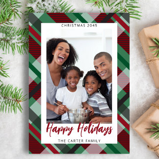 Red Green Plaid Photo Modern Happy Holidays Holiday Card