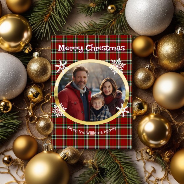 Red green plaid photo white snowflakes faux gold holiday card (Creator Uploaded)
