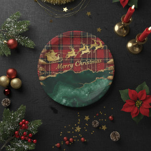 Red Green Plaid Santa Sleigh Merry Christmas Paper Plate