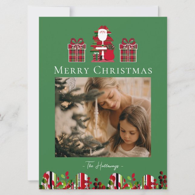 Red Green Plaid Santa Wrapped Gifts Holiday Card (Front)