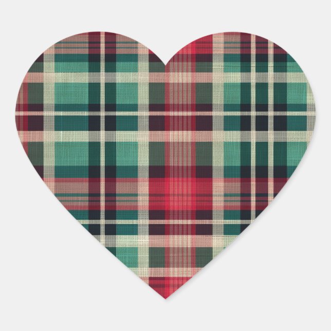 Red Green Plaid Stripes Heart Sticker (Front)
