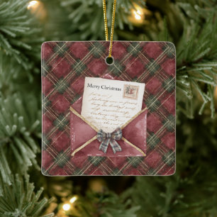 Red Green Plaid Stripes Letter Christmas Ceramic Ornament