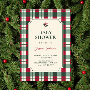 Red green plaid tartan pattern baby shower invitation