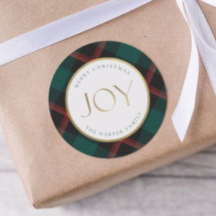 Red Green Plaid Tradition Joy Classic Round Sticker