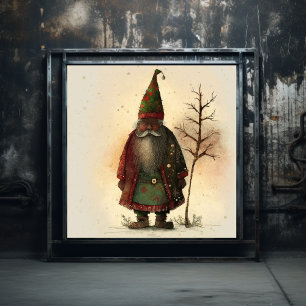 Red & Green Plaid Woodland Gnome Black Santa Poster